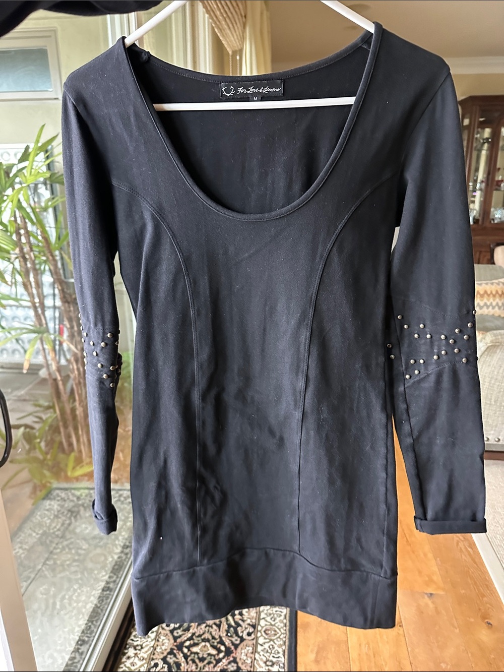 For Love & Lemons Black Scoop-Neck Long Sleeve Dress with Stud Detail